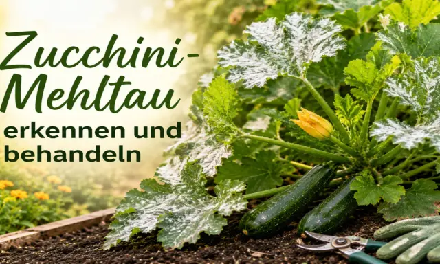 Zucchini-Mehltau befällt die Blätter einer Zucchinipflanze. Erkennen und behandeln Sie diesen Pilz frühzeitig für gesunde Ernte.