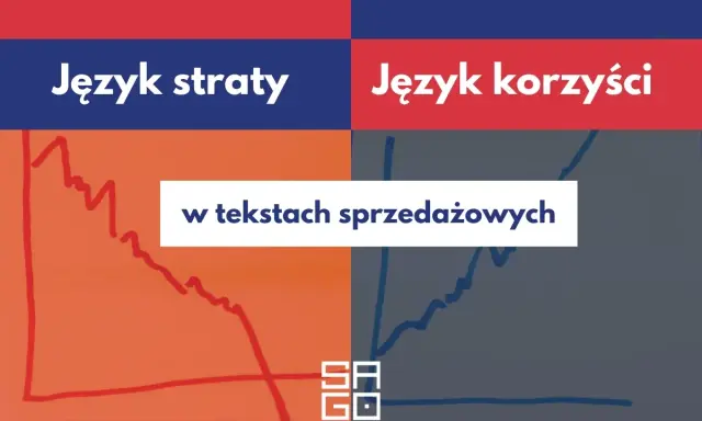 Przykłady materiałów promocyjnych: "Język straty" vs "Język korzyści" w tekstach sprzedażowych. Wykresy ilustrujące spadek i wzrost.