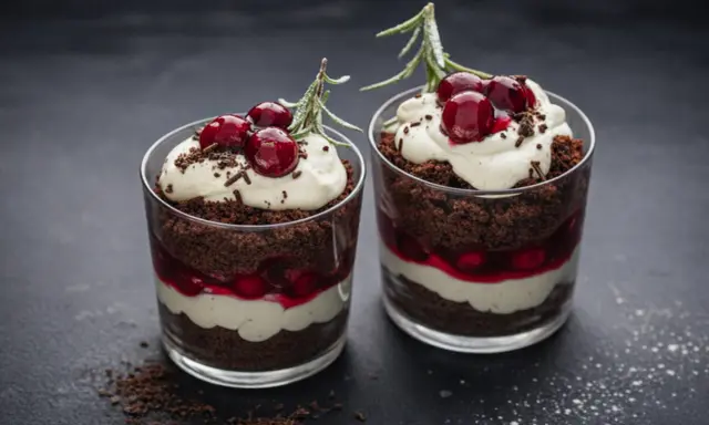 Zwei Schokoladen-Kirsch-Desserts im Glas, geschichtet mit dunklem Kuchen, Kirschen und Sahne, garniert mit frischen Kirschen und Rosmarin.