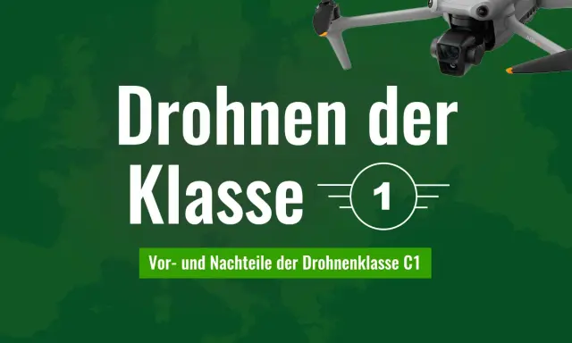 Drohnen der Klasse 1: Vorteile und Nachteile der C1-Drohnenregeln. Eine graue Drohne fliegt über einer Karte Europas.