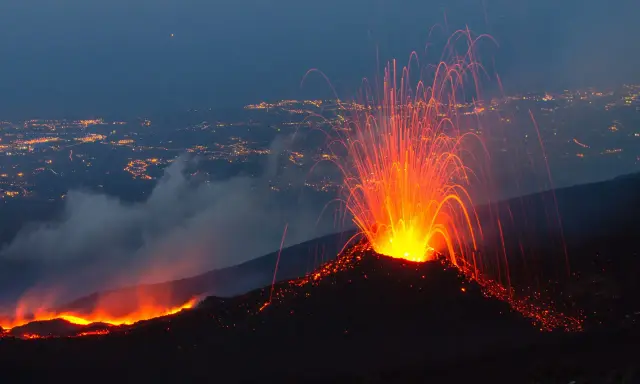 Spektakularna erupcja Etny nocą, z płynącą lawą i deszczem iskier nad oświetlonym miastem.
