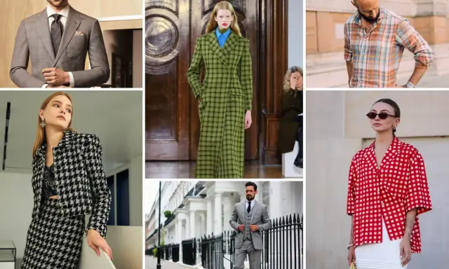 Collage showcasing various types of plaid: a man in a grey suit, a woman in a houndstooth jacket, a model in a green plaid coat, a man in a plaid shirt, and a woman in a red gingham top.