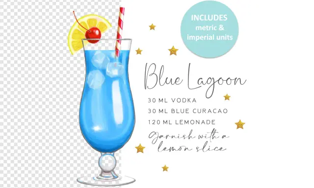 Ein leuchtend blauer Blue Lagoon Cocktail mit Eiswürfeln, garniert mit Zitrone und Kirsche. Rezeptangaben sind sichtbar.