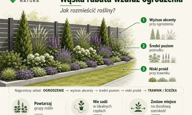Wąska rabata przy płocie z warstwami roślin: wysokie przy ogrodzeniu, średnie pośrodku, niskie przy trawniku.