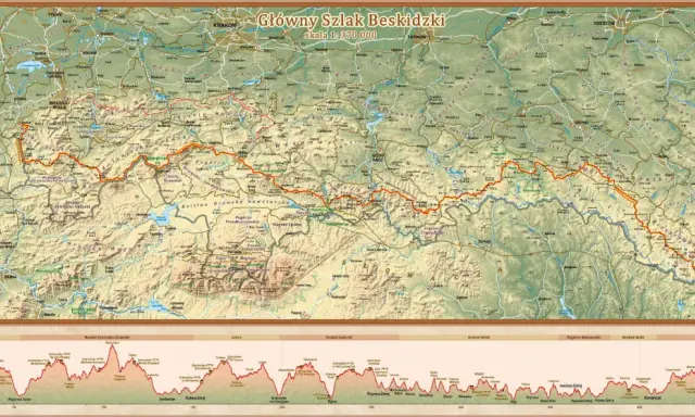 Mapa turystyczna z zaznaczonym czerwonym szlakiem beskidzkim, biegnącym przez góry od zachodu na wschód.