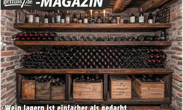 Holzregale mit zahlreichen Weinflaschen, teils liegend, teils stehend in Holzkisten. Perfekte wein aufbewahrung für Genießer.