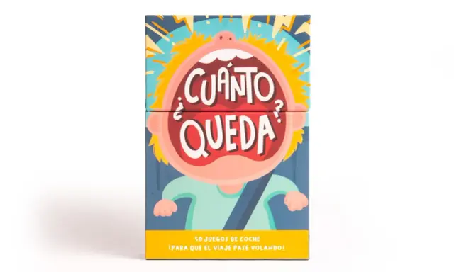 Caja de juegos para el coche de niños con un dibujo de una cara gritando "¿Cuánto queda?". ¡50 juegos para que el viaje pase volando!