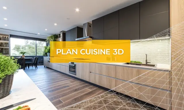 Cuisine moderne avec îlot central, présentée en 3D. Idéal pour votre projet de logiciel conception cuisine gratuit.