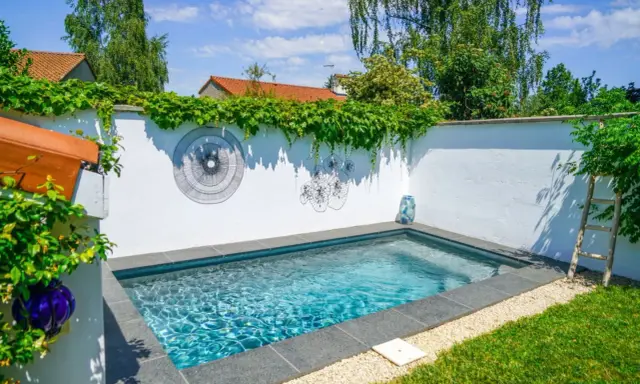 Petite piscine bleue dans un jardin verdoyant, décorée d'art mural. Un projet de permis de construire piscine réussi.