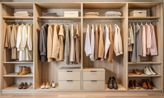 Interior de armario empotrado con ropa colgada y doblada, y zapatos en estantes.