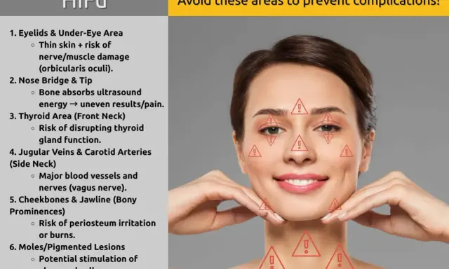 Evitare zone come occhi, collo e mento per prevenire effetti collaterali degli ultrasuoni focalizzati.