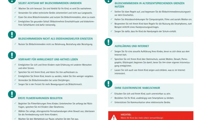 Tabelle mit Empfehlungen zum Medienkonsum von Kindern: Achtsamkeit, Grenzen, Aufklärung und reale Erlebnisse sind wichtig.