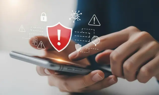 Ochrona iPhone'a przed wirusami i zagrożeniami. Ikony bezpieczeństwa i ostrzeżenia nad smartfonem.