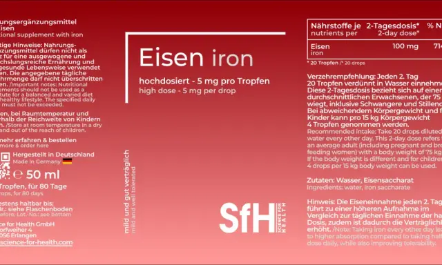 Eisen iron Tropfen: 20 Tropfen jeden 2. Tag für bessere Aufnahme und Verträglichkeit.