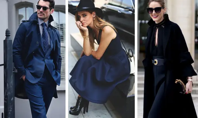 Donna con vestito blu e scarpe nere, un uomo in abito blu e una donna in nero.