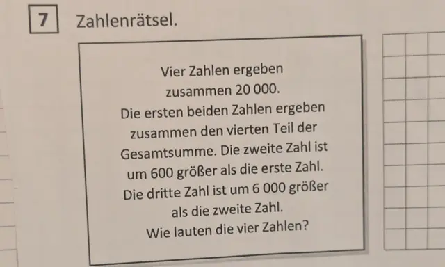 Aufgabe 7: Zahlenrätsel für den Eignungstest Gymnasium 5. Klasse. Vier Zahlen ergeben 20.000. Finde die Zahlen!
