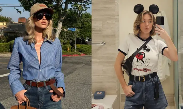 Due donne mostrano come indossare cintura donna: una con camicia a righe e jeans, l'altra con t-shirt Disney e shorts.
