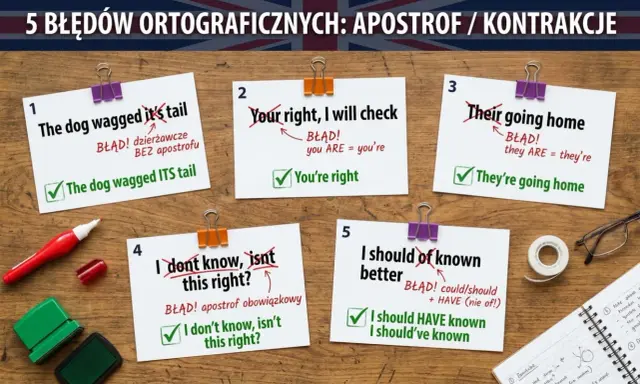5 błędów ortograficznych: apostrof po angielsku. Przykład: "it's" vs "its", "you're" vs "your", "they're" vs "their", "isn't" vs "isnt", "should've" vs "should of".