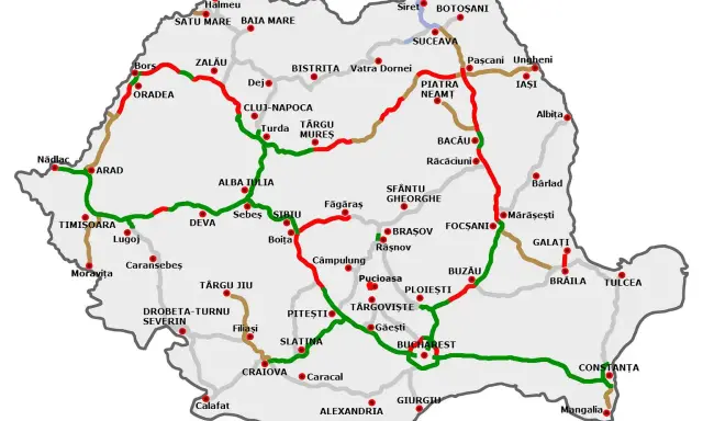 Mapa drogowa Rumunii z zaznaczonymi miastami i trasami. Wjazd do kraju od zachodu, przez Nădlac i Arad.