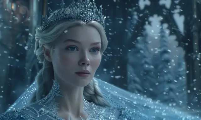Portret młodej kobiety w koronie i lodowej sukni, otoczonej śniegiem.