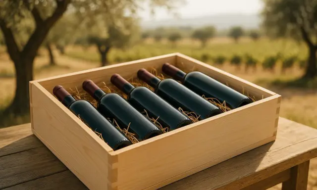 Drewniana skrzynka z sześcioma butelkami czerwonego wina na tle winnicy.