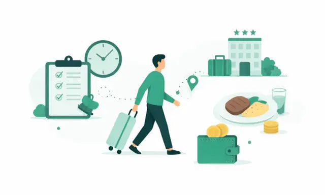Planowanie podróży służbowej: lista zadań, zegar, walizka, hotel, posiłek i portfel. Zastanawiasz się, ile wynosi dieta w delegacji?