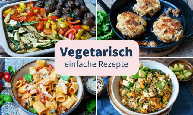 Vier Bilder mit leckeren, schnelle vegetarische gerichte: Ofengemüse, Bratlinge, Pasta und Quinoa-Bowl.