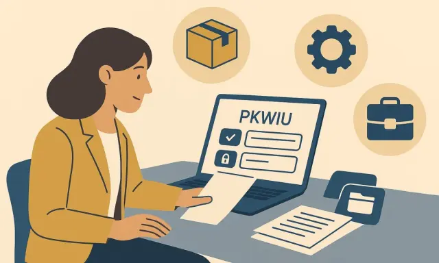 Kobieta pracuje przy laptopie z napisem PKWIU. Ikony pudełka, biegu i teczki sugerują klasyfikację produktów i usług.