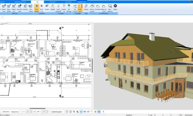 Grundriss 1:50 eines Mehrfamilienhauses mit detaillierter Raumaufteilung und 3D-Ansicht des Gebäudes.