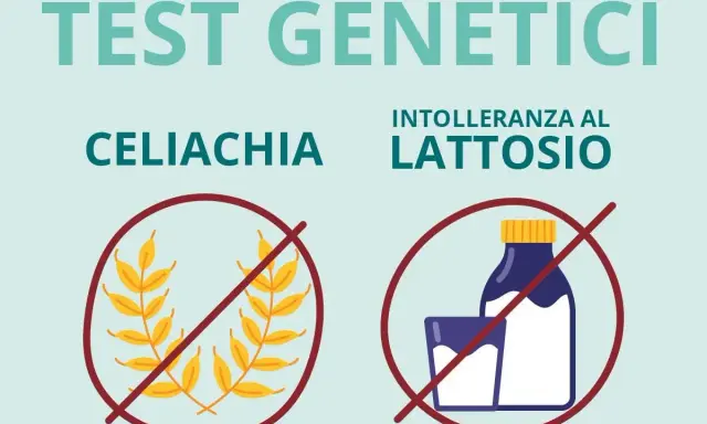 Test genetici per celiachia e intolleranza al lattosio: spighe di grano e bottiglia di latte con divieto.