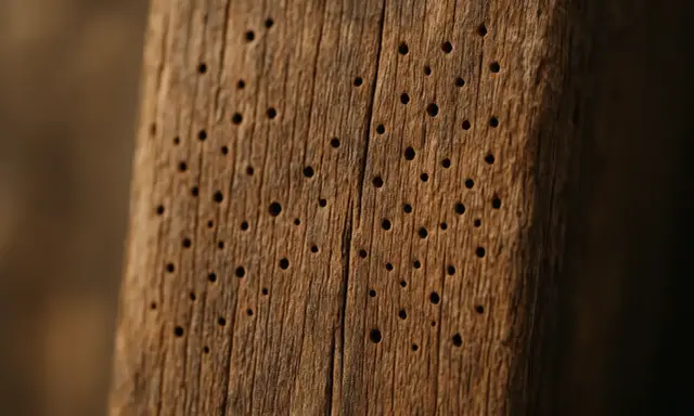 Gros plan sur un vieux bois marqué par un trou dans le bois, témoignant d'un traitement contre les insectes.