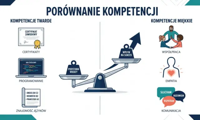Porównanie kompetencji: twarde (certyfikaty, programowanie, języki) i miękkie (współpraca, empatia, komunikacja) wpływają na sukces.