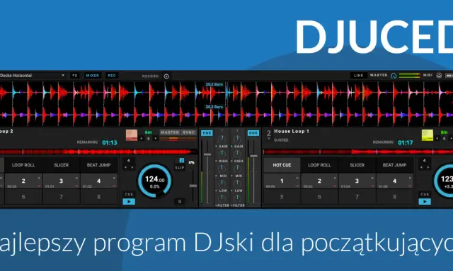 DJUCED - najlepsza aplikacja DJ dla początkujących. Widok dwóch decków z falami dźwiękowymi, mikserem i kontrolkami.