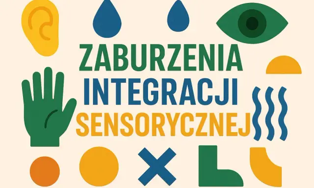 Grafika przedstawia symbole zmysłów i napis "ZABURZENIA INTEGRACJI SENSORYCZNEJ". Objawy mogą być różne.