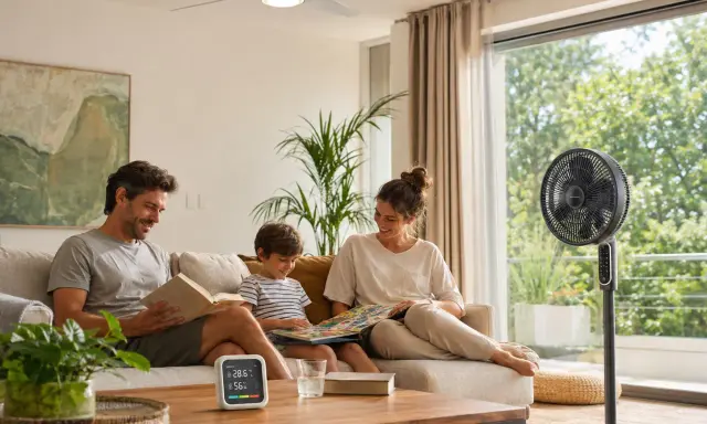 Famiglia rilassata in soggiorno, con ventilatore e soffitto in funzione per come rinfrescare casa senza condizionatore.