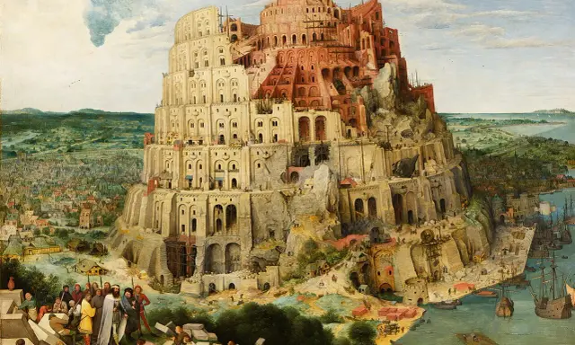 La tour de Babel aujourd'hui : une immense structure en construction, grouillant d'ouvriers et de navires, dominée par une ville et un paysage verdoyant.