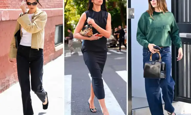 Trzy kobiety prezentują styl casualowy: jedna w beżowej kurtce i czarnych jeansach, druga w czarnej sukience, trzecia w zielonej bluzie i szerokich jeansach.