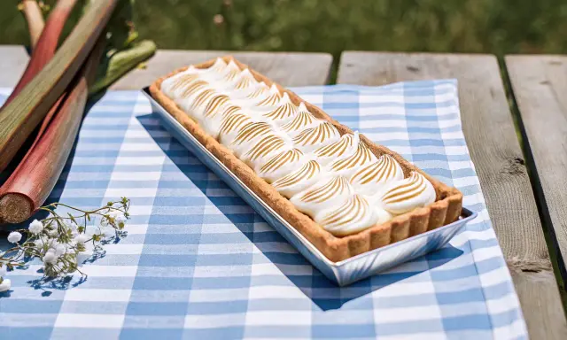 Tarte à la rhubarbe meringuée alsacienne, prête à être dégustée sur une nappe à carreaux bleus.