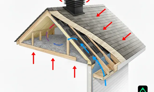 Schéma d'une toiture froide montrant la ventilation et l'isolation. Les flèches indiquent le flux d'air et la chaleur.