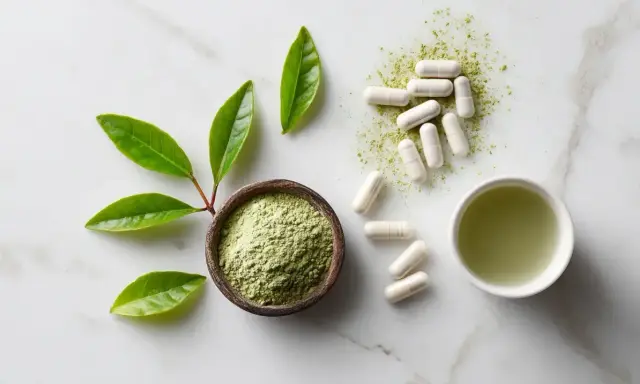 Feuilles vertes, poudre verte dans un bol, pilules blanches et une tasse de liquide vert, évoquant la théanine.