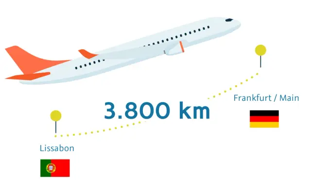 Flugzeug von Lissabon nach Frankfurt (3.800 km). Eine Tonne CO2 ist viel, wie dieser Flug zeigt.
