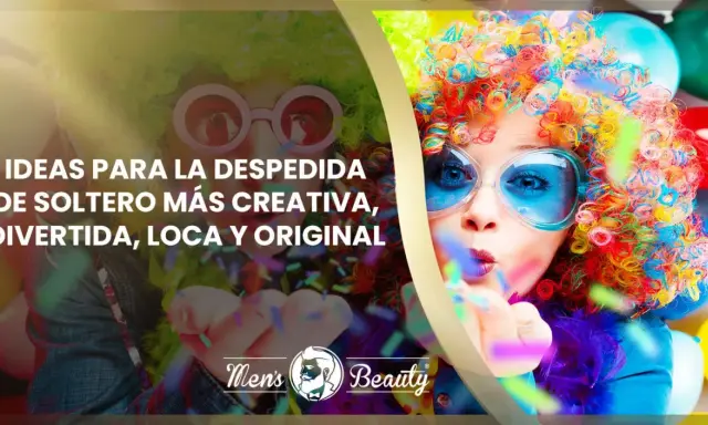 Dos personas con pelucas coloridas y gafas divertidas celebran, lanzando confeti. ¡Ideas para una despedida de soltero inolvidable!