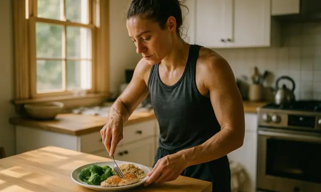 Mujer atlética prepara su comida, calculando las calorías de los alimentos: pollo, brócoli y arroz.
