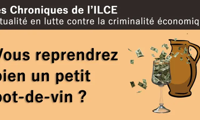 Un verre rempli de billets de banque, à côté d'une jarre d'où s'échappent des dollars. Le pot-de-vin, symbole de corruption.