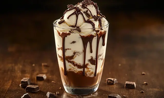 En läcker chokladig mudslide drink med glass, chokladsås och strössel.