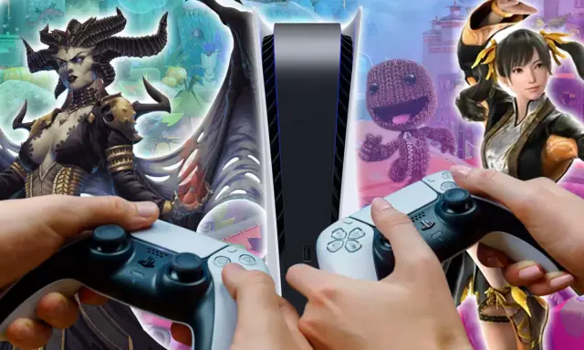 Manos sujetando mandos de PS5, rodeando una consola, con personajes de videojuegos como una demonia, Sackboy y una luchadora. ¡Diversión asegurada con los juegos de la Play!