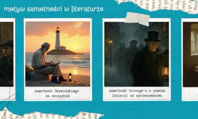 Trzech młodych mężczyzn w czapkach, jakby z epoki mezaliansu, idzie ulicą. Obok samotny Skawiński czyta nad morzem, a Scrooge w mroźnej nocy.