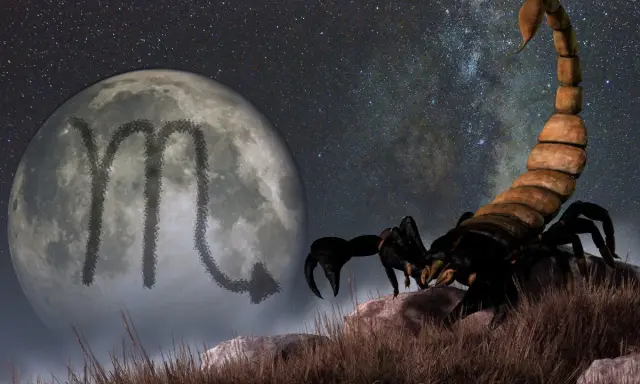 Skorpion na tle księżyca z symbolem zodiaku i rozgwieżdżonego nieba. Tajemniczy ascendent w skorpionie.
