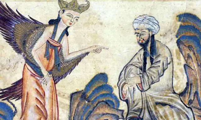 Ein geflügeltes Wesen mit Krone deutet auf einen Mann. Vielleicht eine Darstellung, was sind Jinns, Wesen zwischen Mensch und Engel.