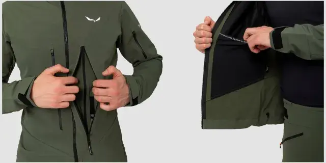 Męska kurtka Salewa w kolorze khaki. Czy softshell jest przeciwdeszczowy? Tak, ta kurtka chroni przed deszczem i wiatrem.